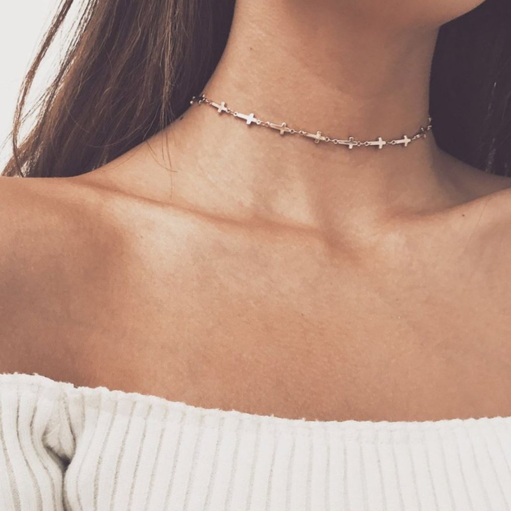 Gold Tone Connected Infinity Cross Choker Necklace